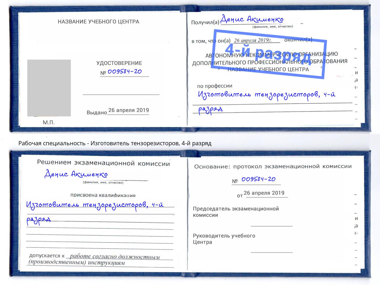 корочка 4-й разряд Изготовитель тензорезисторов Минеральные Воды