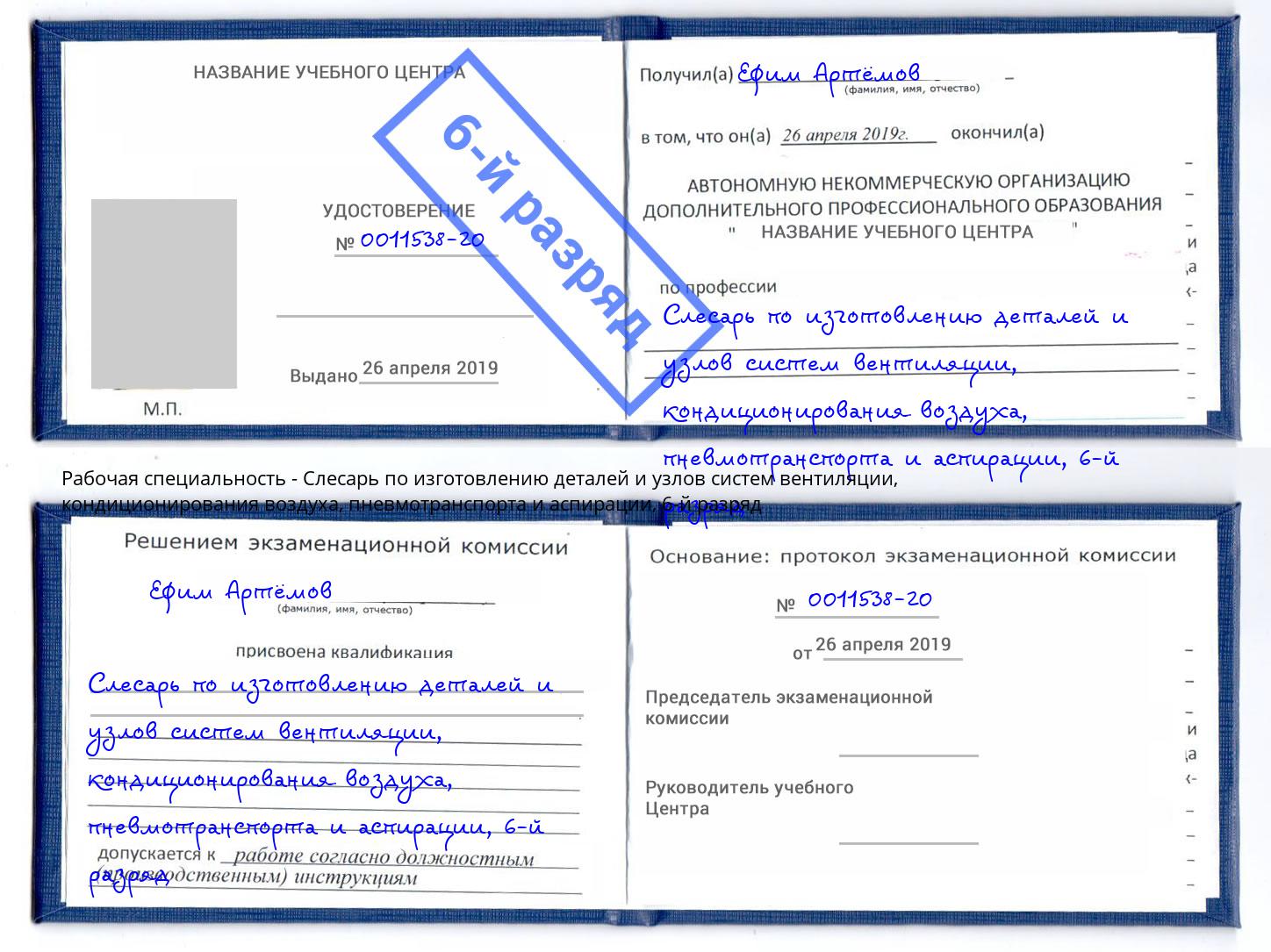 корочка 6-й разряд Слесарь по изготовлению деталей и узлов систем вентиляции, кондиционирования воздуха, пневмотранспорта и аспирации Минеральные Воды