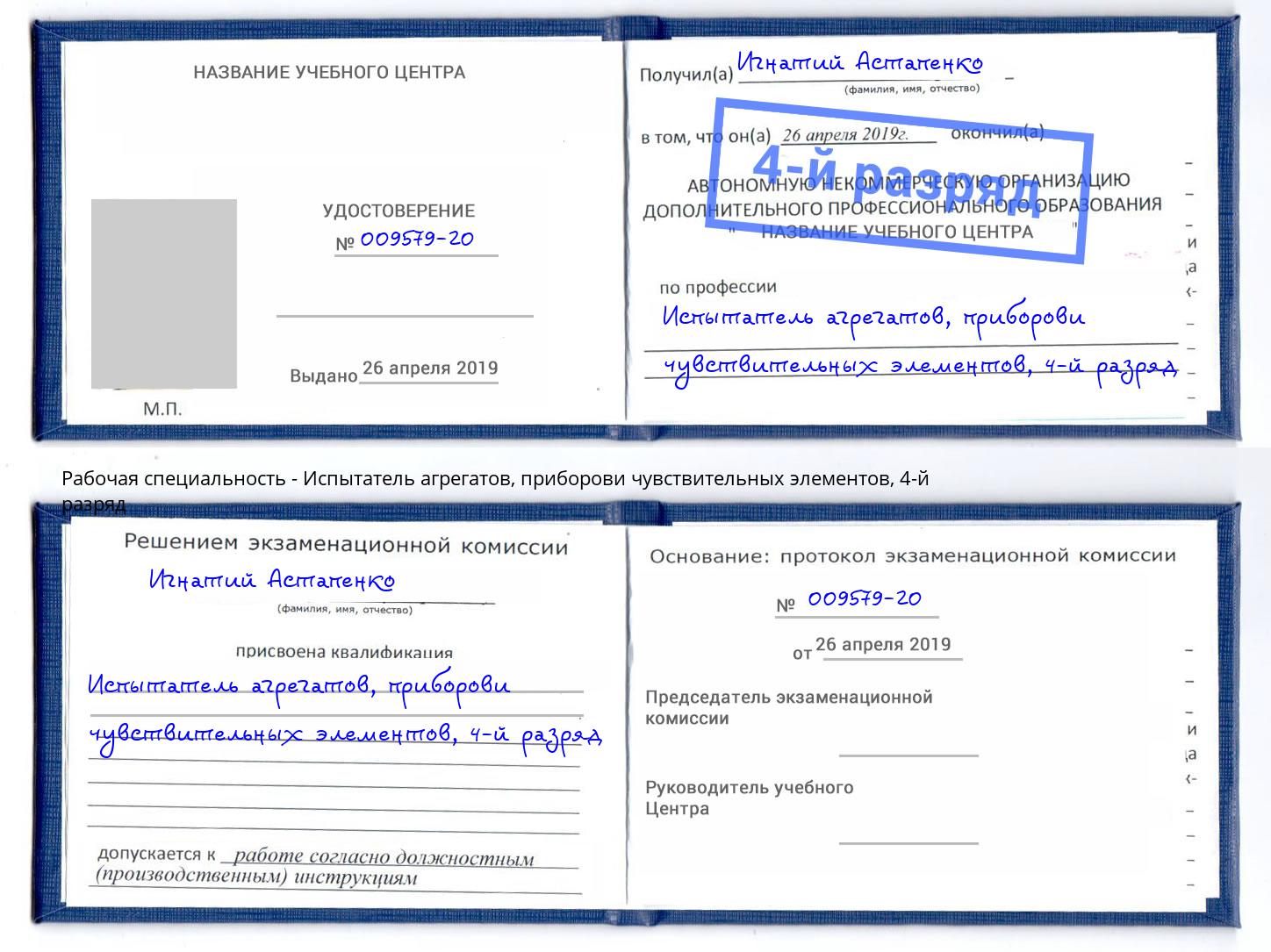 корочка 4-й разряд Испытатель агрегатов, приборови чувствительных элементов Минеральные Воды