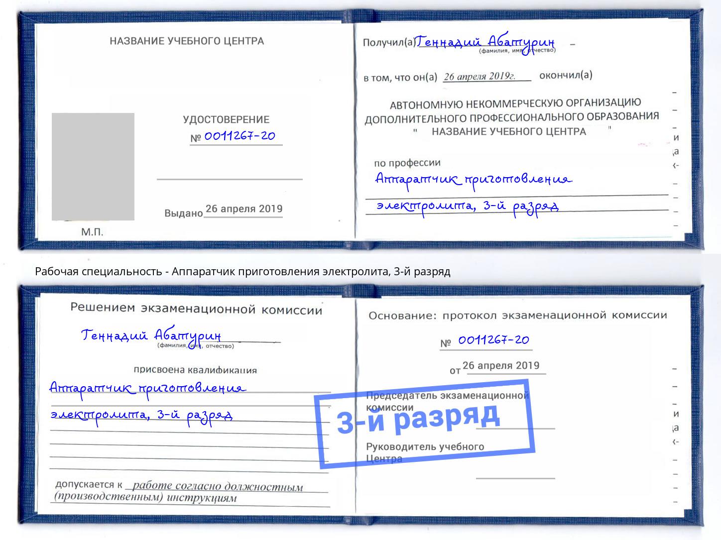 корочка 3-й разряд Аппаратчик приготовления электролита Минеральные Воды