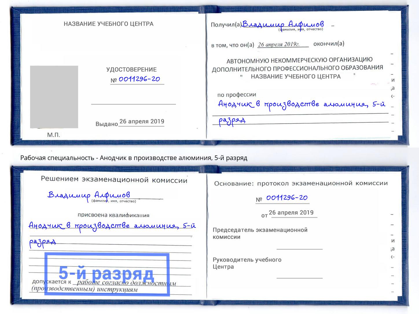 корочка 5-й разряд Анодчик в производстве алюминия Минеральные Воды