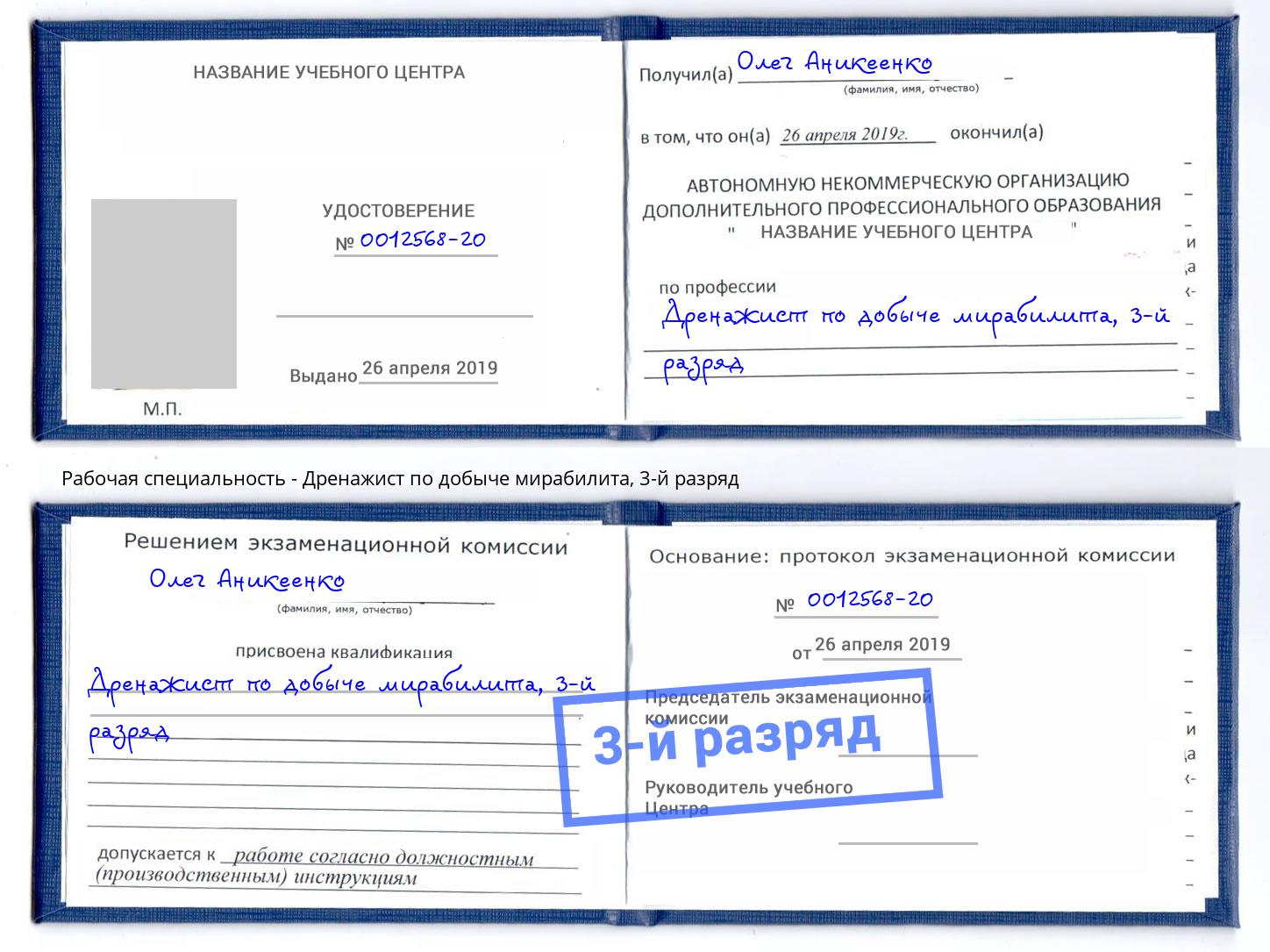 корочка 3-й разряд Дренажист по добыче мирабилита Минеральные Воды